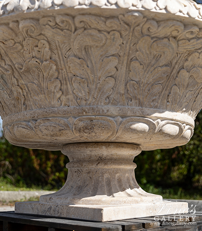 Search Result For Marble Planters  - Oversized Traditional Acanthas Leaf Scrollwork Urn In Classic Light Travertine - MP-393